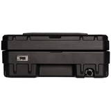 Back of the Black 83L Rugged Case shows drain plug and bottle opener
